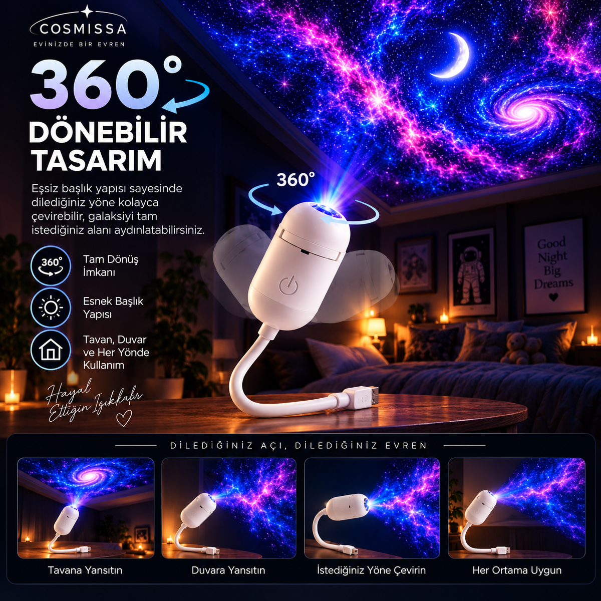 COSMISSA™ 12 Diskli 360° Galaksi Projektörü ve LED Gece Lambası
