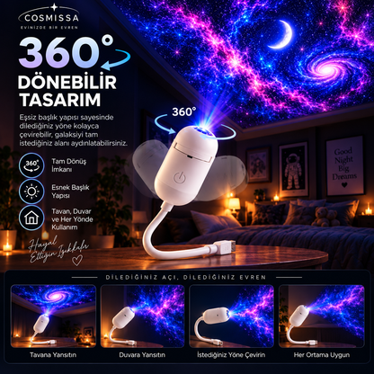 COSMISSA™ 12 Diskli 360° Galaksi Projektörü ve LED Gece Lambası