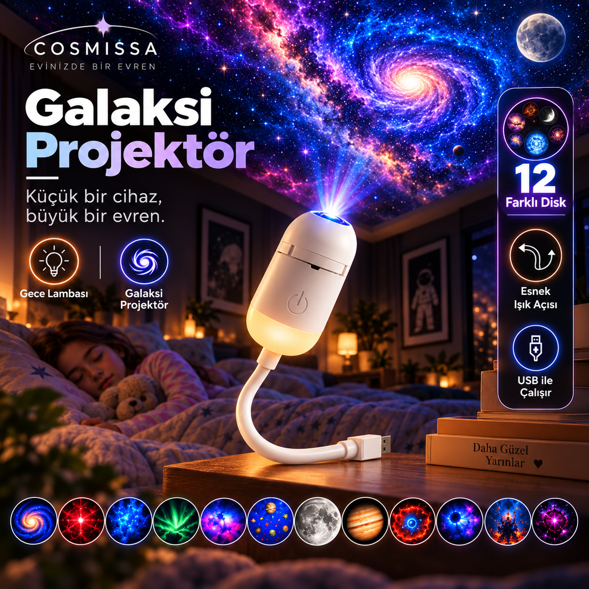 COSMISSA™ 12 Diskli 360° Galaksi Projektörü ve LED Gece Lambası