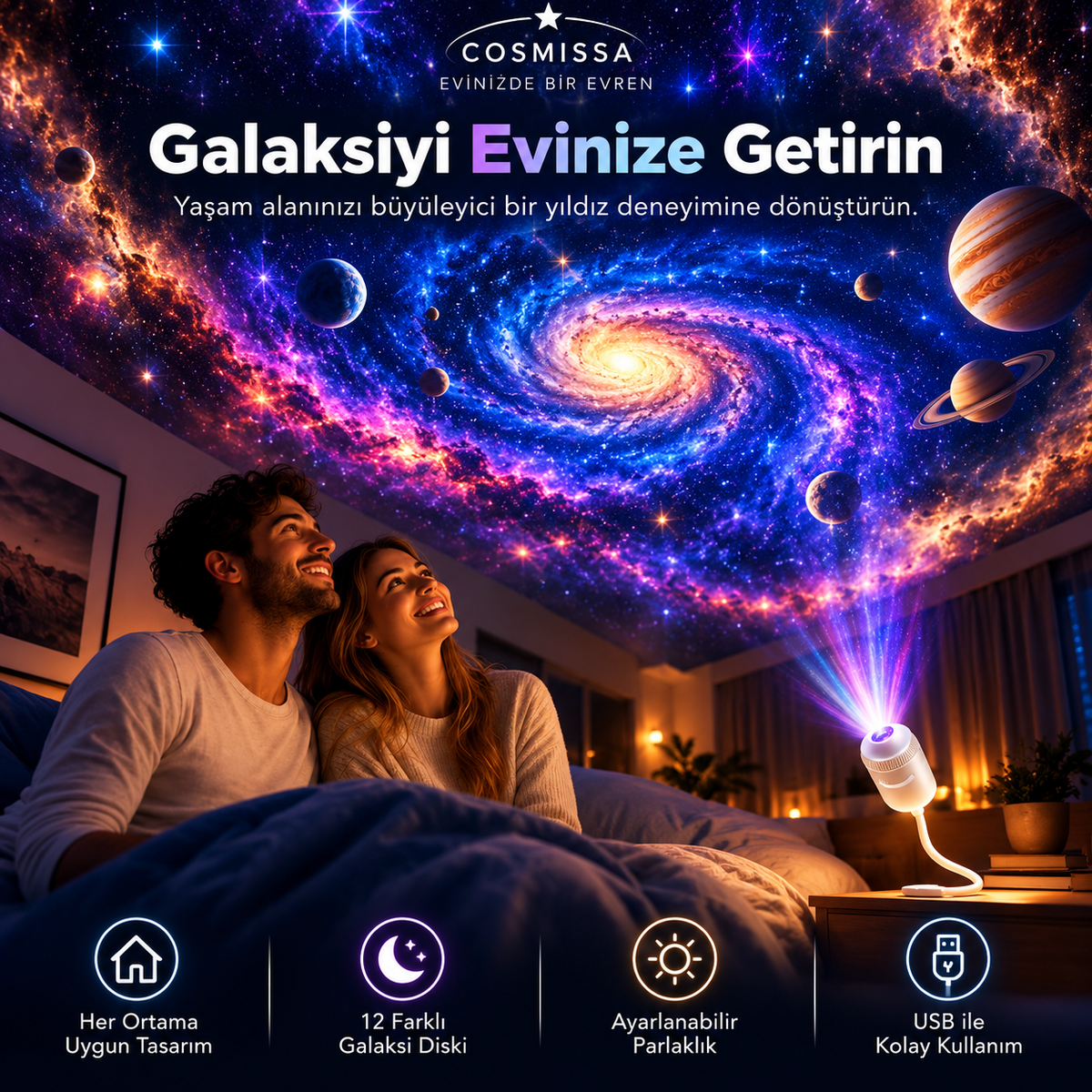 COSMISSA™ 12 Diskli 360° Galaksi Projektörü ve LED Gece Lambası