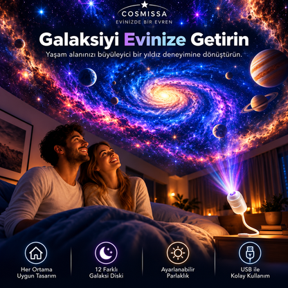 COSMISSA™ 12 Diskli 360° Galaksi Projektörü ve LED Gece Lambası